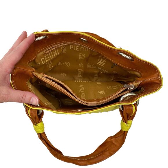 Cecconi Piero Leather Purse Handbag Tote Yellow Small Textured Italy Preppy - Picture 7 of 14